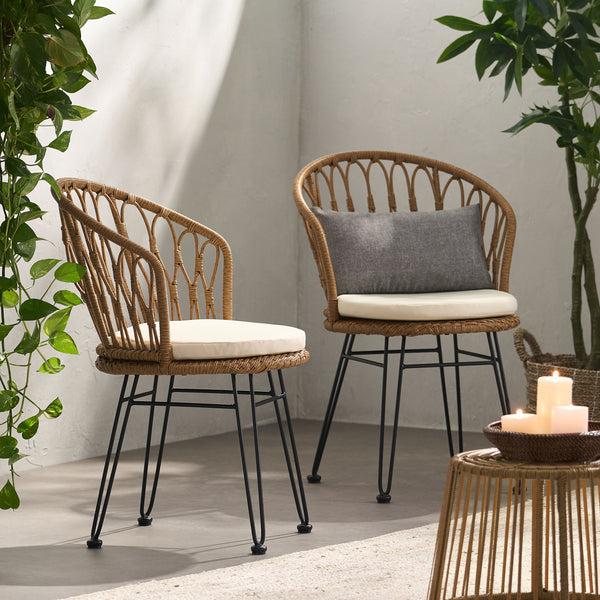 Gdf Studio Cowen Outdoor Wicker Dining Chairs With Cushion Set Of 2 Light Brown Black And Beige