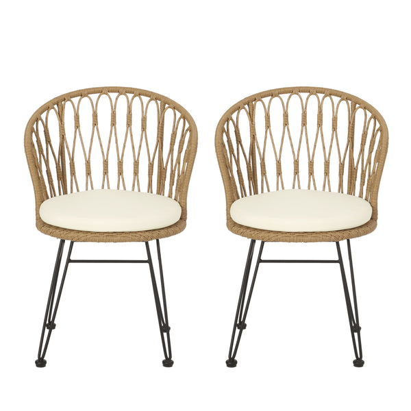 gdf studio Cowen Outdoor Wicker Dining Chairs with Cushion Set of 2 Light Brown Black and Beige