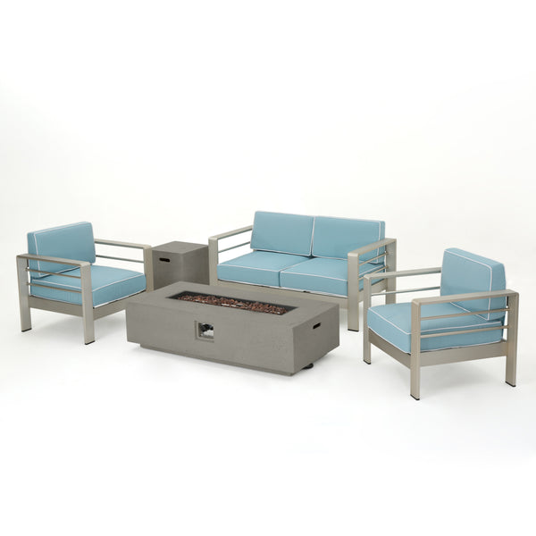 Gdf Studio Crested Bay 5 Piece Aluminum Chat Set With Water Resistant Cushions And Fire Pit