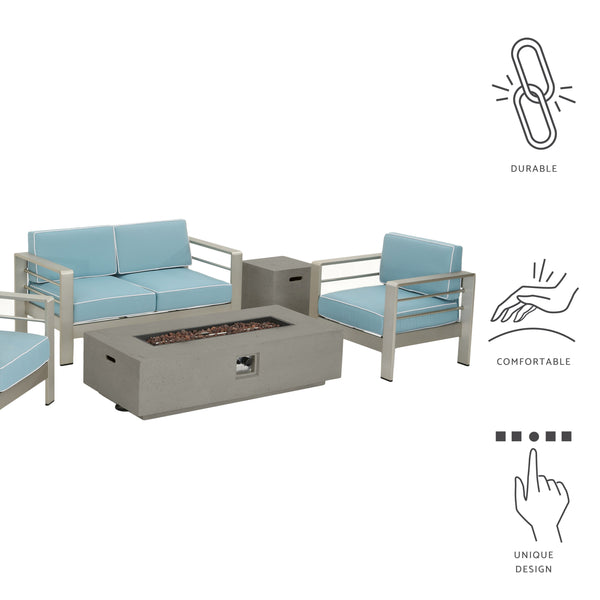 Gdf Studio Crested Bay 5 Piece Aluminum Chat Set With Water Resistant Cushions And Fire Pit