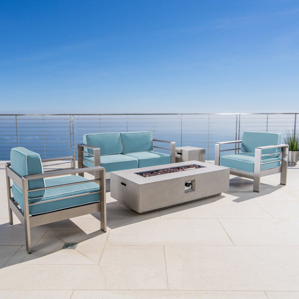 Gdf Studio Crested Bay 5 Piece Aluminum Chat Set With Water Resistant Cushions And Fire Pit