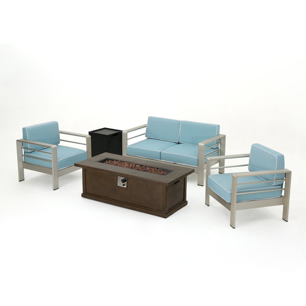 gdf studio Crested Bay 5 Piece Aluminum Chat Set with Water Resistant Cushions and Fire Pit