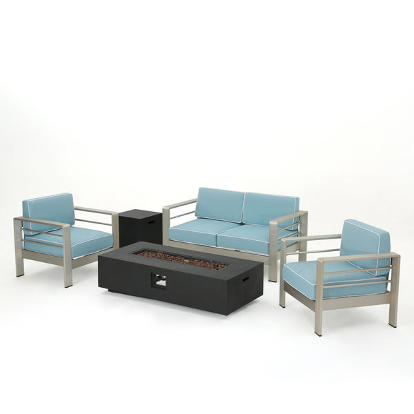 gdf studio Crested Bay 5 Piece Aluminum Chat Set with Water Resistant Cushions and Fire Pit