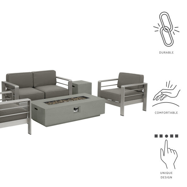 Gdf Studio Crested Bay 5pc Modern Outdoor Aluminum Sofa & Chairs Set With Fire Pit