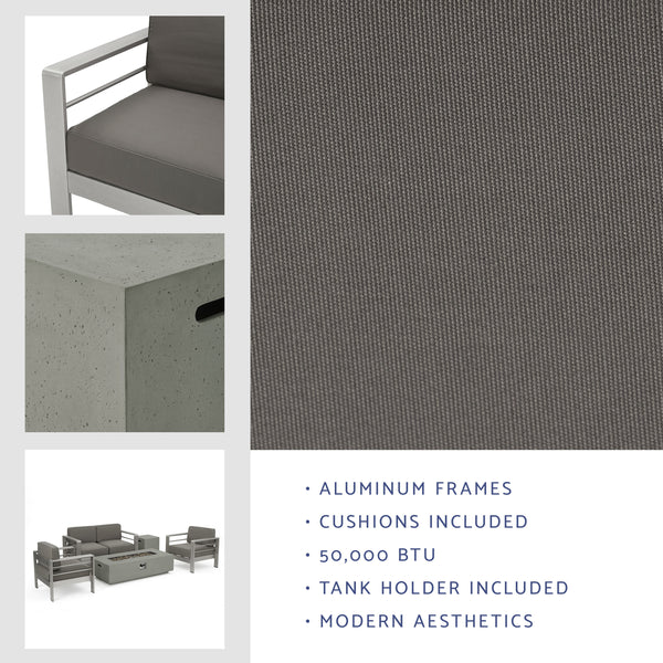 Gdf Studio Crested Bay 5pc Modern Outdoor Aluminum Sofa & Chairs Set With Fire Pit