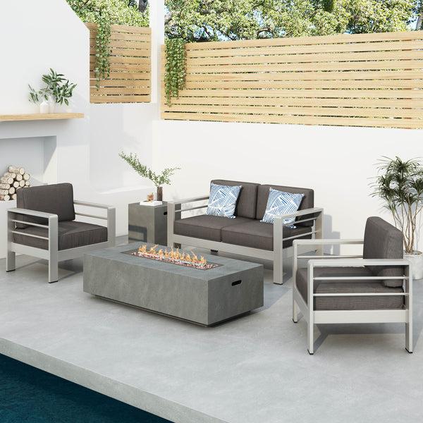 Gdf Studio Crested Bay 5pc Modern Outdoor Aluminum Sofa & Chairs Set With Fire Pit