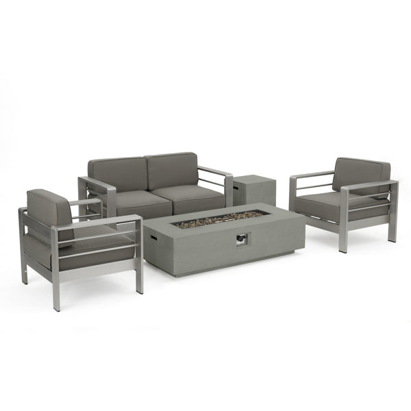 gdf studio Crested Bay 5pc Modern Outdoor Aluminum Sofa & Chairs Set With Fire Pit