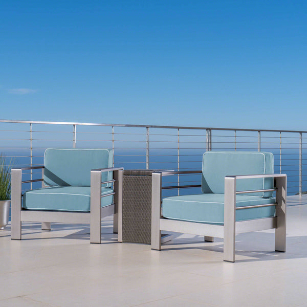 Gdf Studio Crested Bay Outdoor 3 Piece Aluminum Framed Chat Set With Wicker C-Shaped Side Table