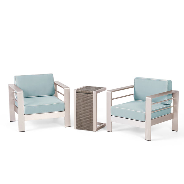 gdf studio Crested Bay Outdoor 3 Piece Aluminum Framed Chat Set with Wicker C-Shaped Side Table