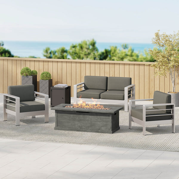 Gdf Studio Crested Bay Outdoor Aluminum 3-piece Chat Set With 56-inch Rectangular Liquid Propane Fire Table