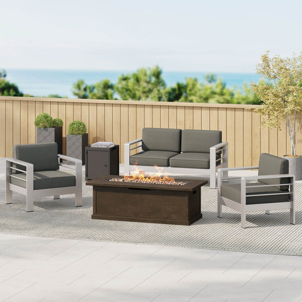 Gdf Studio Crested Bay Outdoor Aluminum 3-piece Chat Set With 56-inch Rectangular Liquid Propane Fire Table