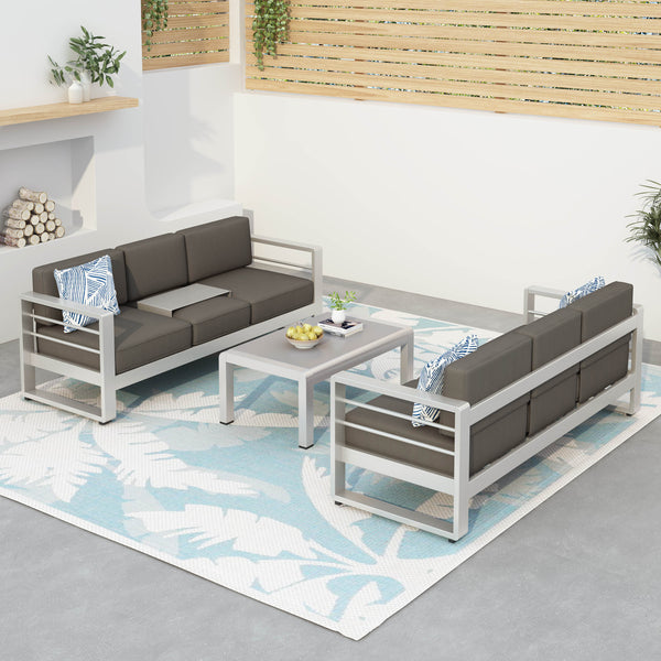 Gdf Studio Crested Bay Outdoor Aluminum 3-Piece Sofa Set With Khaki Cushions