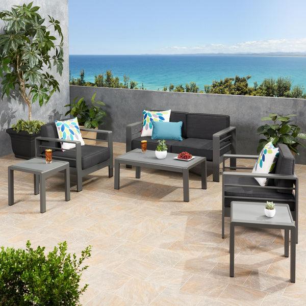 Gdf Studio Crested Bay Outdoor Aluminum 4 Seater Chat Set And Side Table Set With Cushions