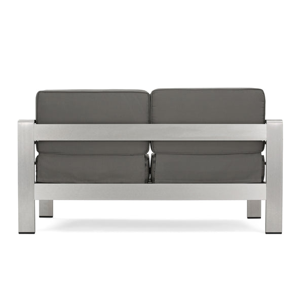 Gdf Studio Crested Bay Outdoor Aluminum 4 Seater Chat Set And Side Table Set With Cushions