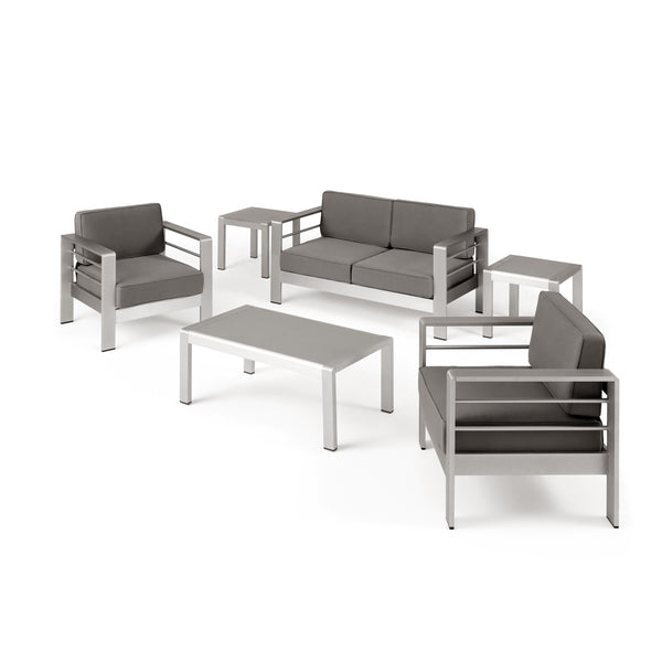 gdf studio Crested Bay Outdoor Aluminum 4 Seater Chat Set and Side Table Set with Cushions