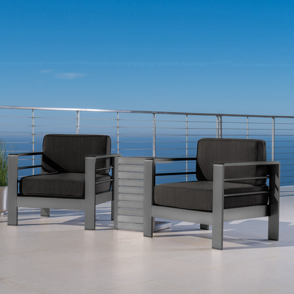Gdf Studio Crested Bay Outdoor Gray Aluminum 3 Piece Chat Set With Water Resistant Cushions