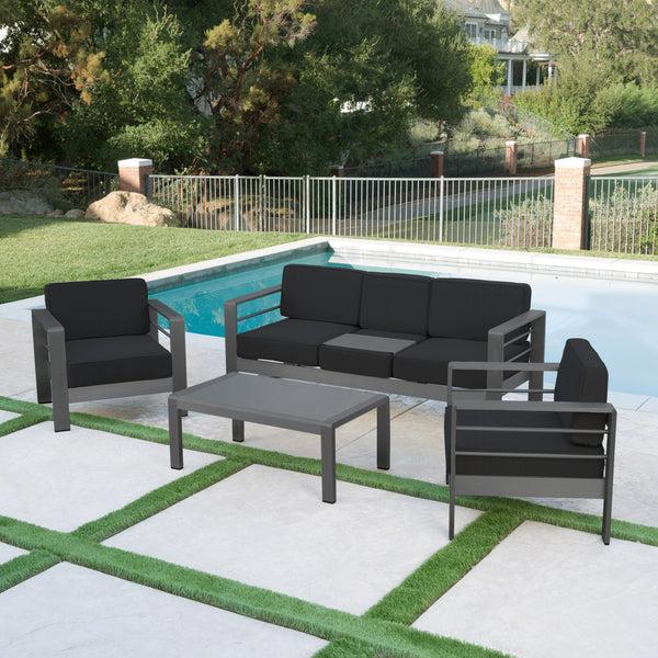 Gdf Studio Crested Bay Outdoor Gray Aluminum 4 Piece Sofa Chat Set With Cushions