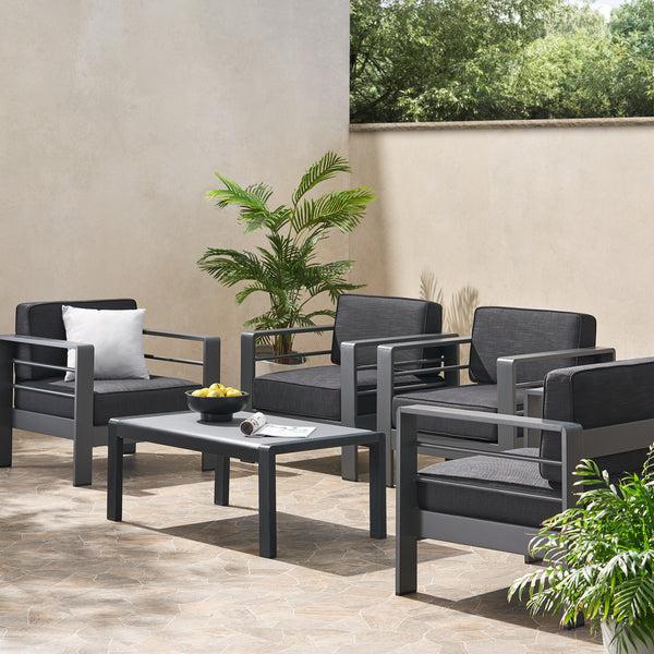 Gdf Studio Crested Bay Outdoor Gray Aluminum 5 Piece Club Chair Chat Set