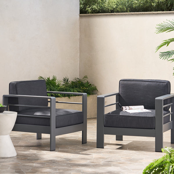 Gdf Studio Crested Bay Outdoor Gray Aluminum Club Chairs With Water Resistant Cushions