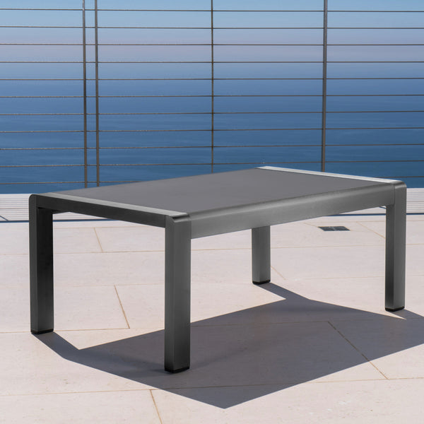 Gdf Studio Crested Bay Outdoor Gray Aluminum Coffee Table With Tempered Glass Table Top