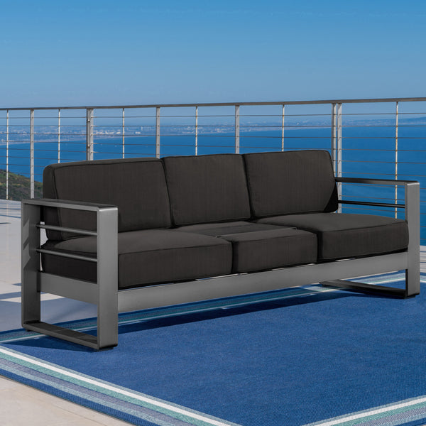 Gdf Studio Crested Bay Outdoor Gray Aluminum Sofa Couch With Water Resistant Cushions