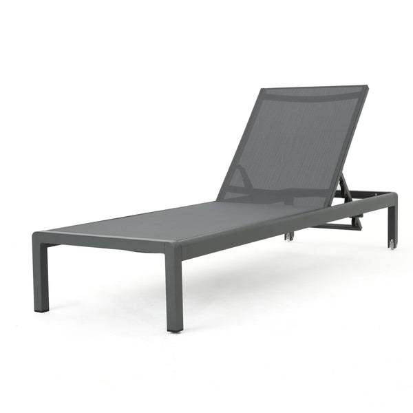 Gdf Studio Crested Bay Outdoor Grey Aluminum Chaise Lounge With Dark Grey Mesh Seat