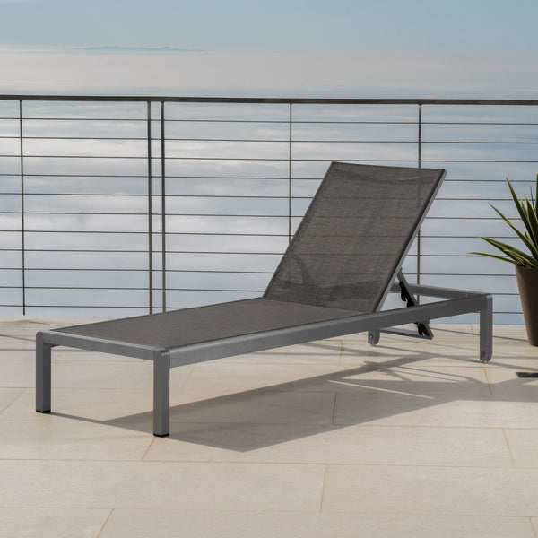 Gdf Studio Crested Bay Outdoor Grey Aluminum Chaise Lounge With Dark Grey Mesh Seat