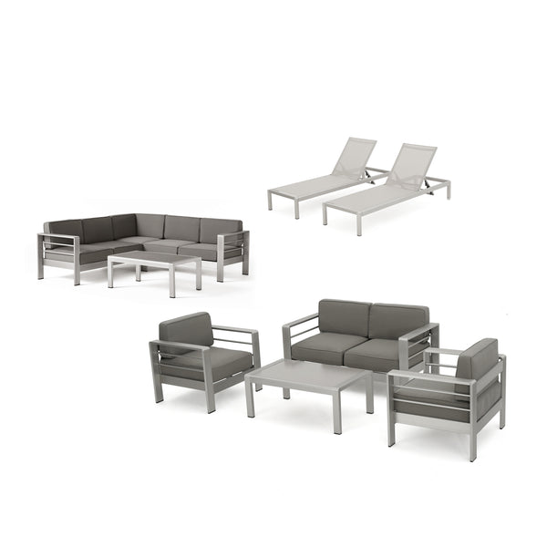 gdf studio Crested Bay Outdoor Modern 10 Piece Silver Aluminum Sectional Set with Cushions