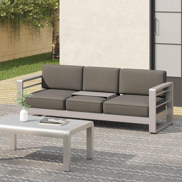 Gdf Studio Crested Bay Outdoor Modern Convertible Aluminum Gray Sofa With Tray Insert
