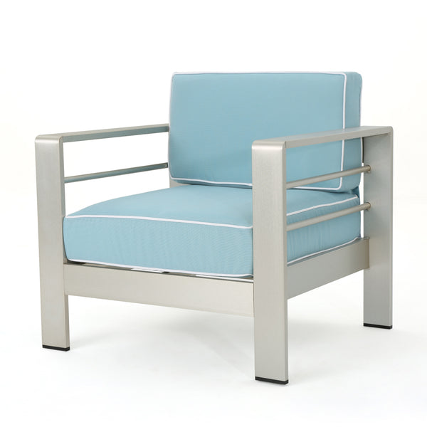 Gdf Studio Crested Bay Outdoor Silver Aluminum Frame Light Teal Cushion Club Chairs