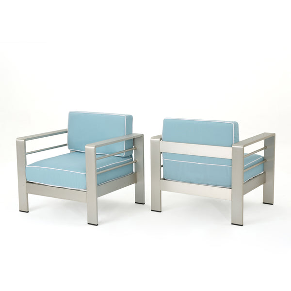 gdf studio Crested Bay Outdoor Silver Aluminum Frame Light Teal Cushion Club Chairs