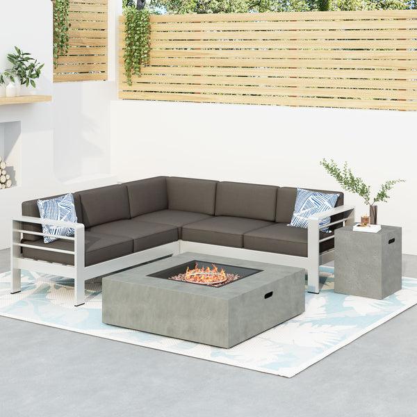 Gdf Studio Crested-Bay V-shape Outdoor Fire Table Sofa Set