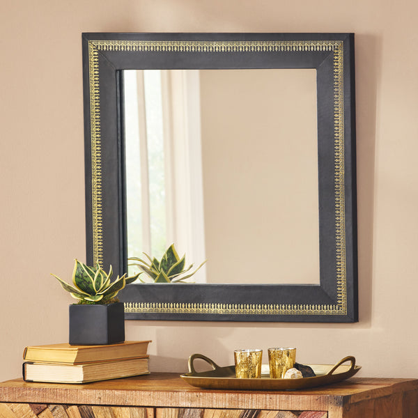 Gdf Studio Crowe Handcrafted Boho Embossed Leather Square Wall Mirror