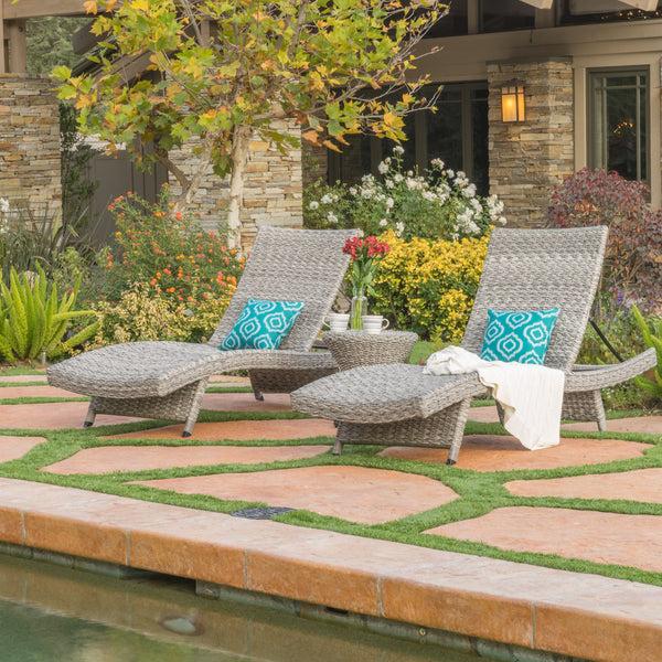 Gdf Studio Crystal Outdoor Grey Wicker Chaise Lounge (Set Of 2) With Grey Wicker Table