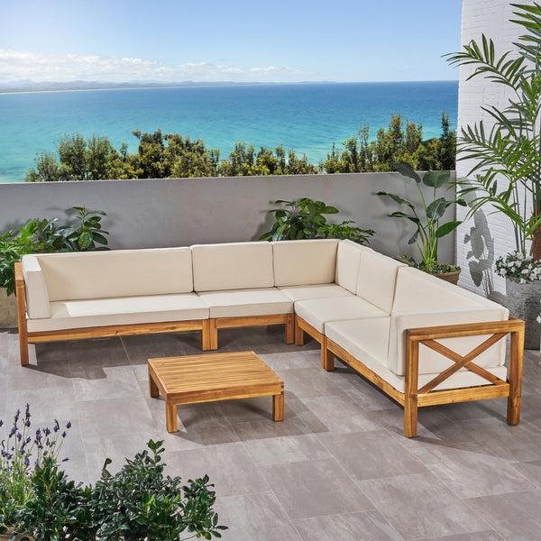 Gdf Studio Cynthia Outdoor 7 Seater Acacia Wood Sectional Sofa Set