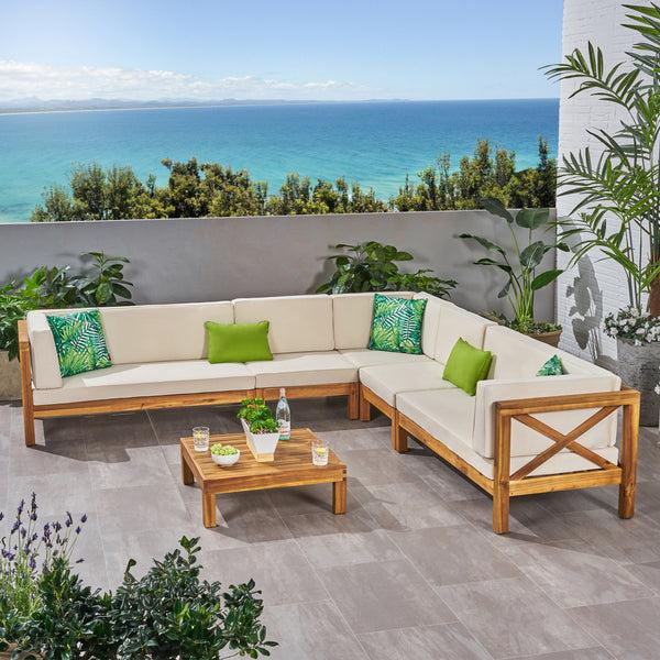 Gdf Studio Cynthia Outdoor 7 Seater Acacia Wood Sectional Sofa Set