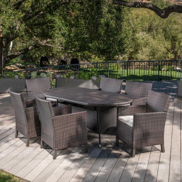Gdf Studio Cyril Outdoor 7 Piece Wicker Round Dining Set With Water Resistant Cushions