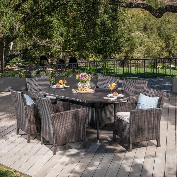 Gdf Studio Cyril Outdoor 7 Piece Wicker Round Dining Set With Water Resistant Cushions