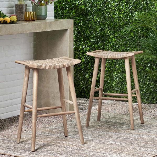 Gdf Studio Dade Pulaski Outdoor Acacia Wood Barstool With Wicker Set Of 2