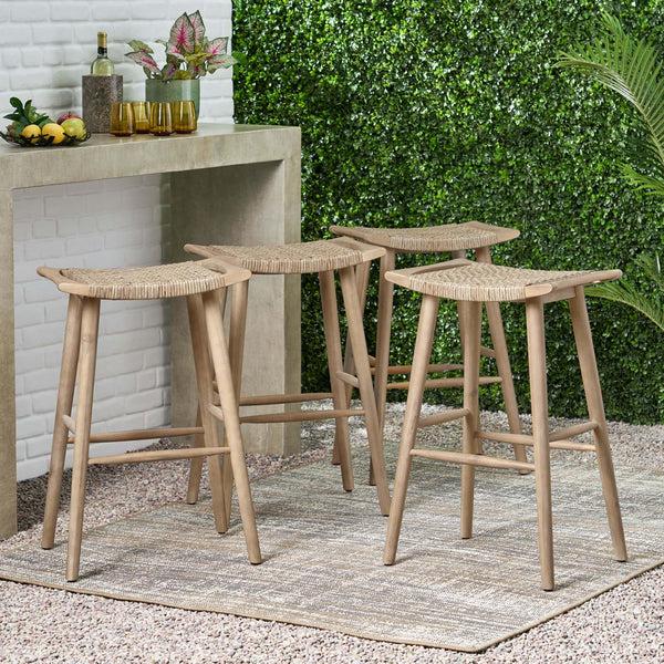 Gdf Studio Dade Pulaski Outdoor Acacia Wood Barstool With Wicker Set Of 4