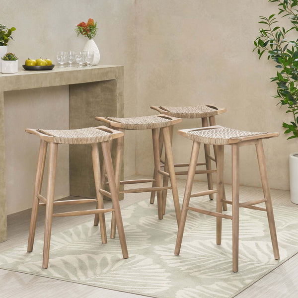 gdf studio Dade Pulaski Outdoor Acacia Wood Barstool with Wicker Set of 4