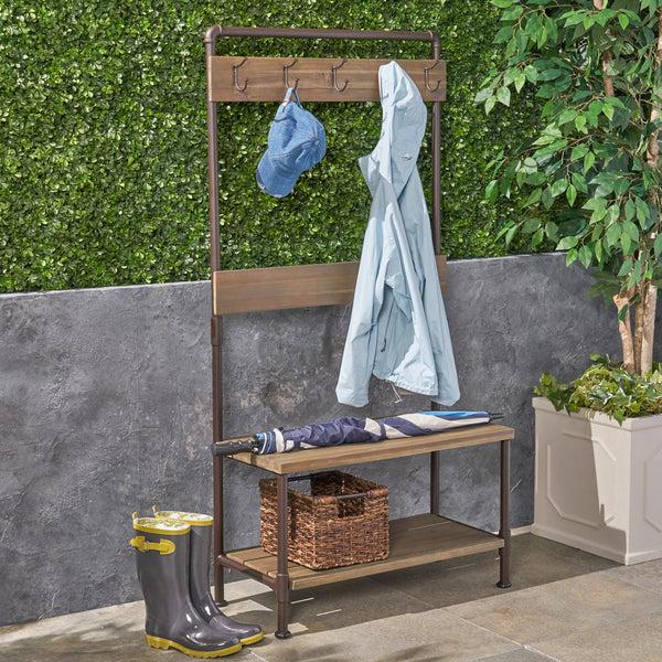 Gdf Studio Dahl Outdoor Industrial Acacia And Iron Bench With Shelf And Coat Hooks
