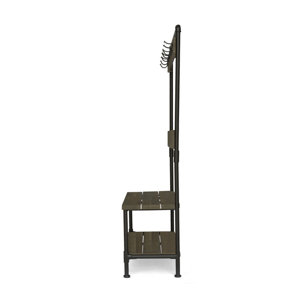 Gdf Studio Dahl Outdoor Industrial Acacia And Iron Bench With Shelf And Coat Hooks