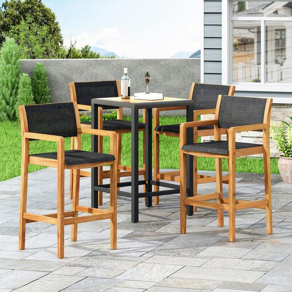 Gdf Studio Daiquan Outdoor Acacia Wood Barstools With Outdoor Mesh (Set Of 4)