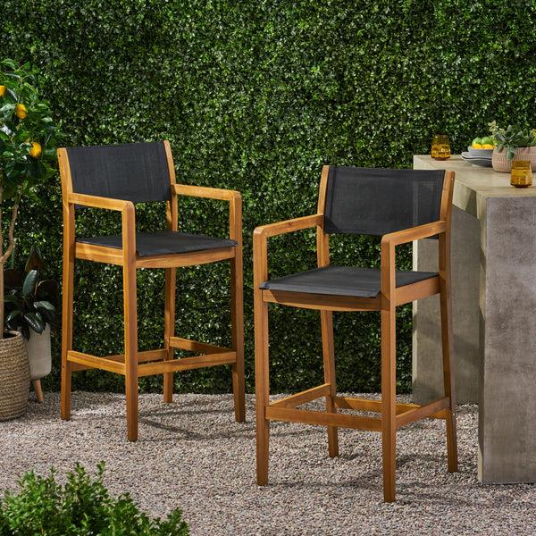 Gdf Studio Daiquan Outdoor Acacia Wood Barstools With Outdoor Mesh (Set Of 2)