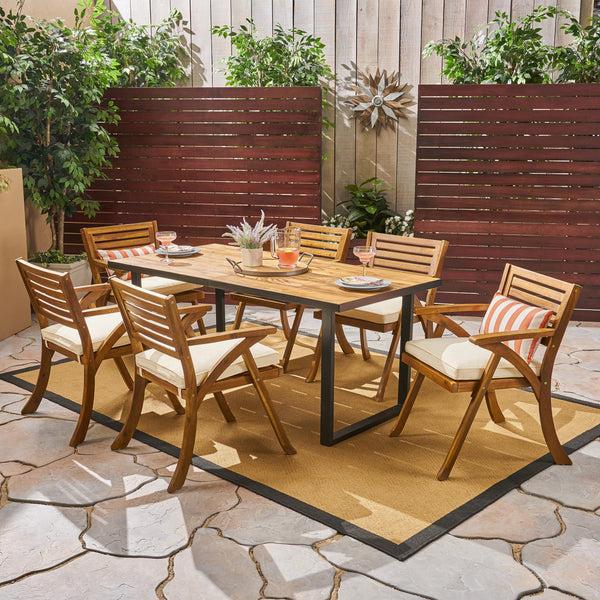 Gdf Studio Daisy Outdoor 6-Seater Rectangular Acacia Wood And Iron Dining Set Teak With Black And Cream