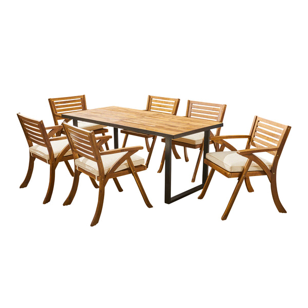 gdf studio Daisy Outdoor 6-Seater Rectangular Acacia Wood and Iron Dining Set Teak with Black and Cream
