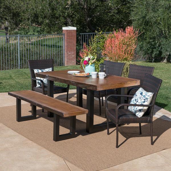 Gdf Studio Danae Outdoor 6 Piece Wicker Dining Set With Concrete Table And Bench