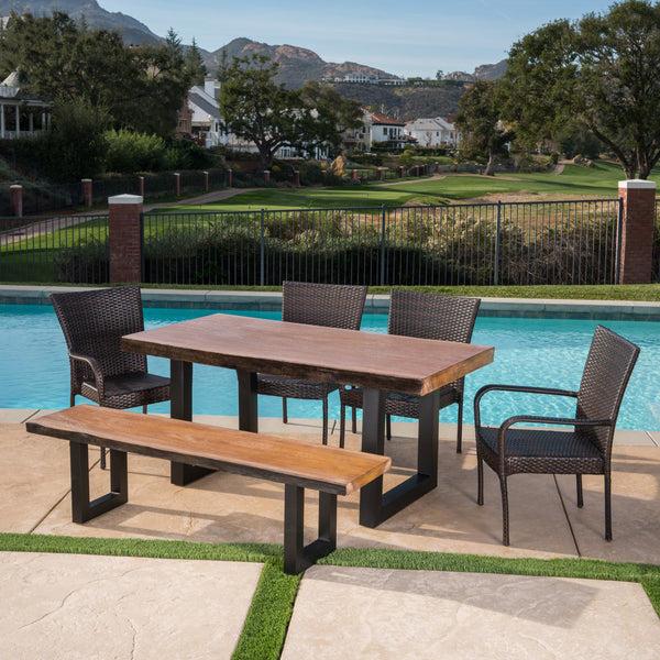 Gdf Studio Danae Outdoor 6 Piece Wicker Dining Set With Concrete Table And Bench