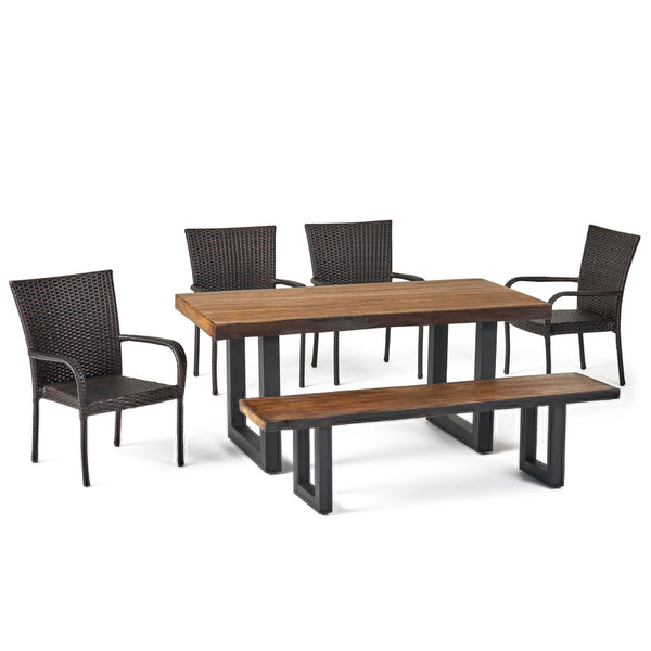gdf studio Danae Outdoor 6 Piece Wicker Dining Set with Concrete Table and Bench